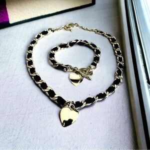 Women’s Brown Leather Silver Heart Necklace & Bracelet Jewelry Set Gift Box